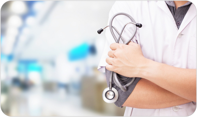Doctor in a white coat holding a stethoscope