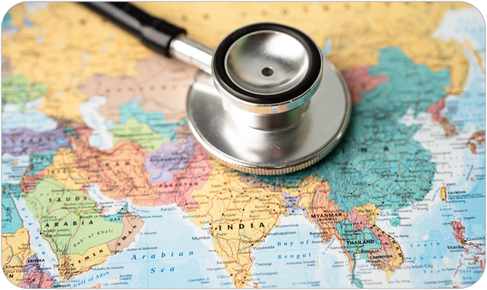A stethoscope resting on a world map showing India